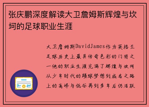 张庆鹏深度解读大卫詹姆斯辉煌与坎坷的足球职业生涯