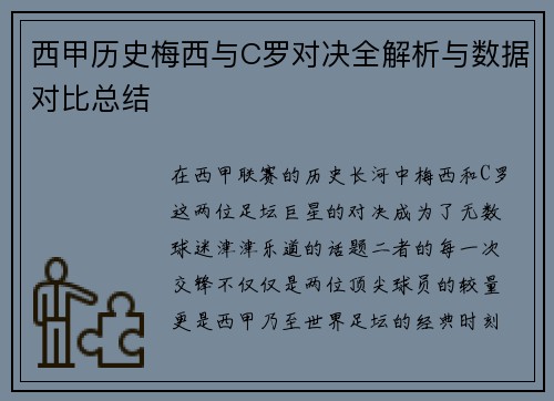 西甲历史梅西与C罗对决全解析与数据对比总结